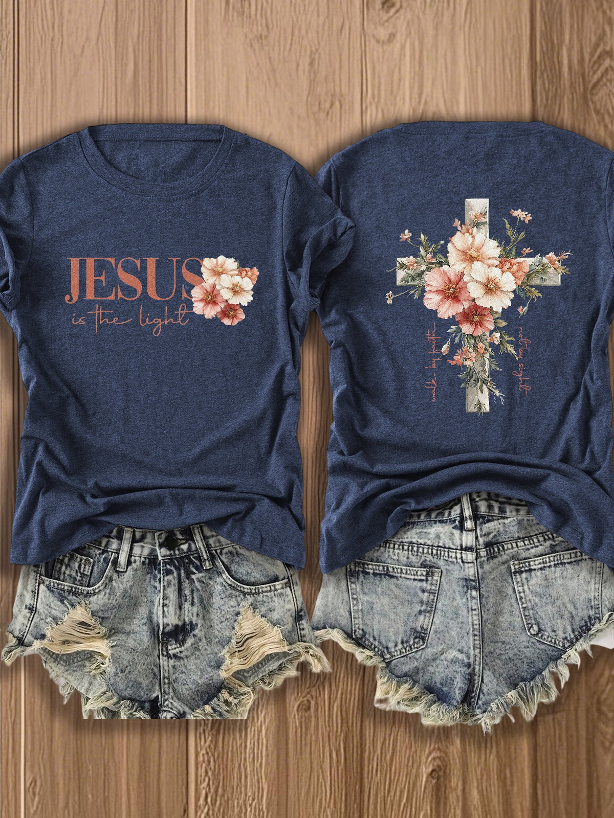 Jesus Floral Cross Double-Sided Print T-Shirt for Women - Faith Inspired Crew Neck Casual Christian Tee Summer Trendy Graphic Top