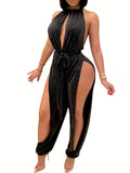Women Sexy Velvet Halter Backless Bodycon Jumpsuit Party Club Night Evening Elegant Black Red Blue Khaki S-XXL