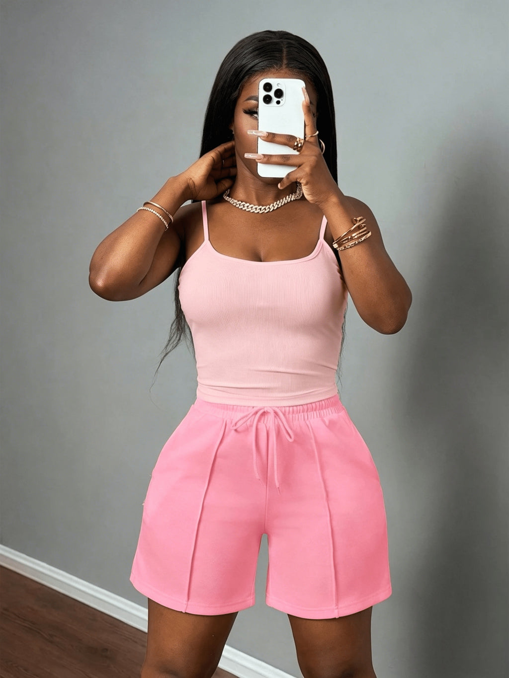 Cami Tank Top Sweat Shorts 2 Piece Set Women Slim Athletic Lounge Outfit Pockets Drawstring Athleisure Daily Wear S-XXL