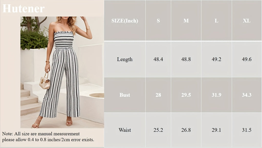Strapless Striped Wide-Leg Jumpsuit Women Black White Smocked Tube Top Casual Loose Summer Vacation Romper S-XXL