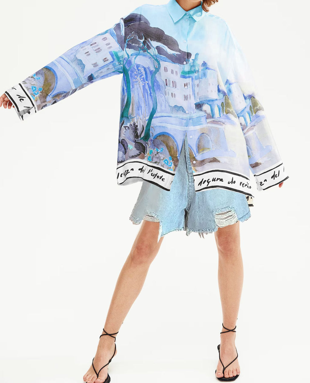 Printed Shirt Women Flap Collar Long Sleeve Beach Vacation Top Casual Summer Fashionable