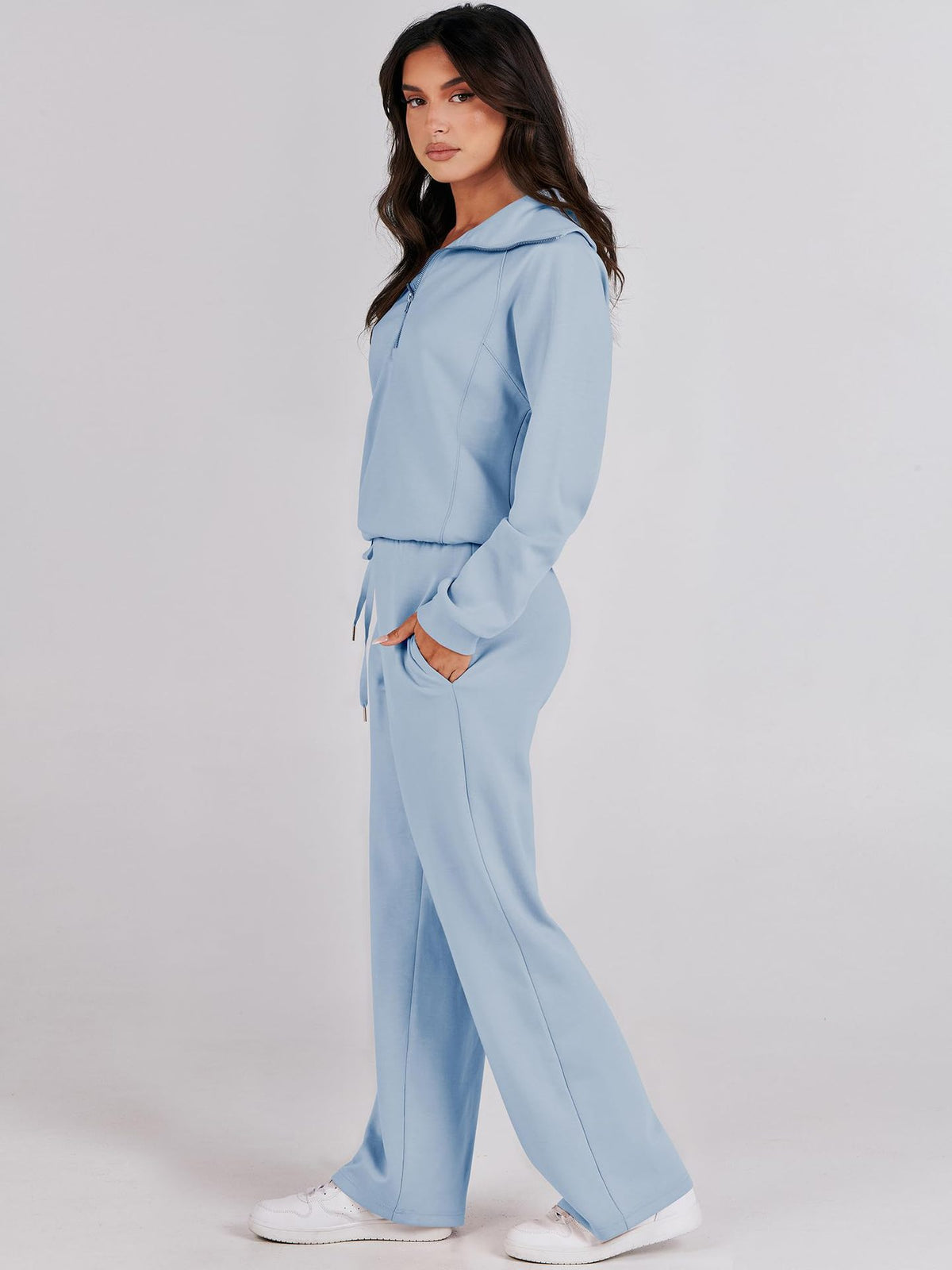 Zipper Sweatshirt Wide-Leg Pants 2 Piece Set Women Casual Tracksuit Outfit for Spring Fall - Loose Fit Jogger Co-ord Set