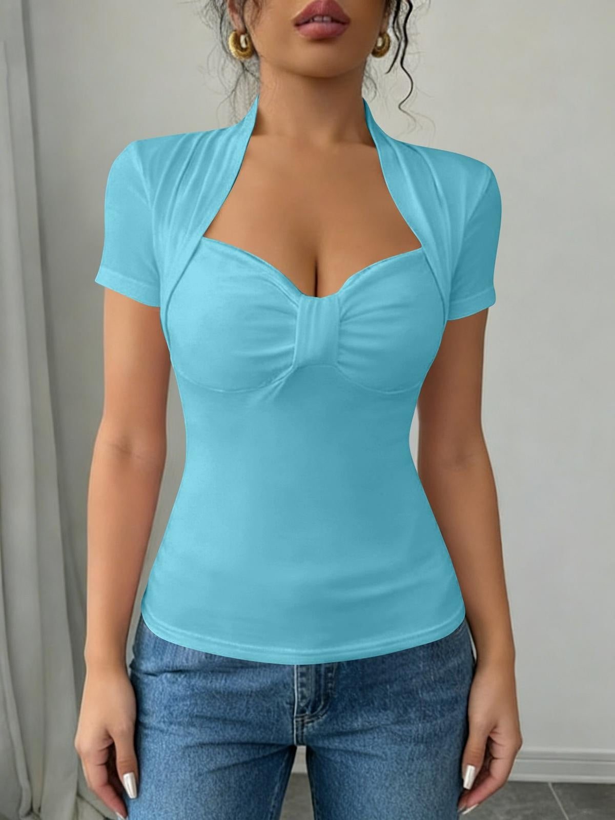 Sweetheart Neck Ruched Front T-Shirt Women Short Sleeve Slim Fit Stretch Tee Solid Color Fitted Casual Top Daily Work Travel Streetwear S-XXL