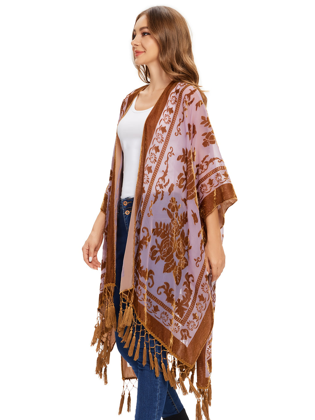 Boho Burnout Velvet Kimono Women Long Cardigan Cover Up Tassel Floral Embroidered One Size
