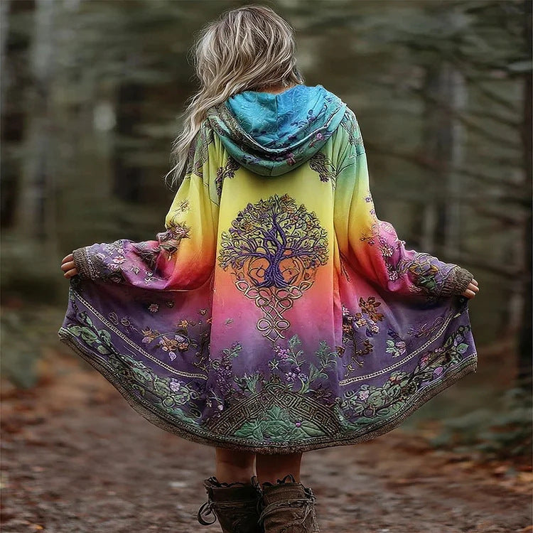 Bohemian Tree of Life Gradient Cardigan Women Hooded Oversized Printed Coat Boho Forest Vacation Photoshoot S-XXL