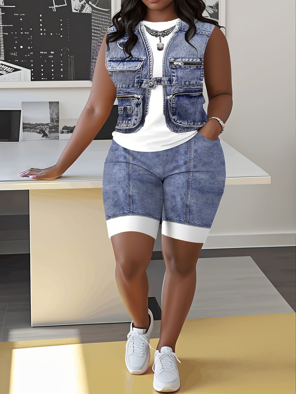 Denim Print Sleeveless Top & Fitted Shorts 2-Piece Set for Women – Loose Round Neck Tank Top with Tight Shorts, Casual Summer Imitation Denim Outfit