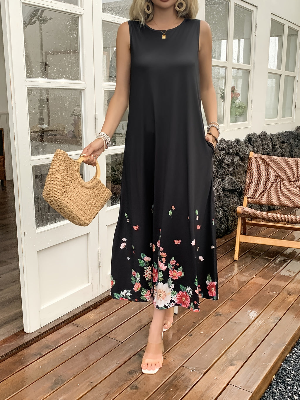 Floral Digital Print Suspender Dress for Women with Pocket Stretchy Knit Elegant Casual Holiday Business Evening Dress Versatile