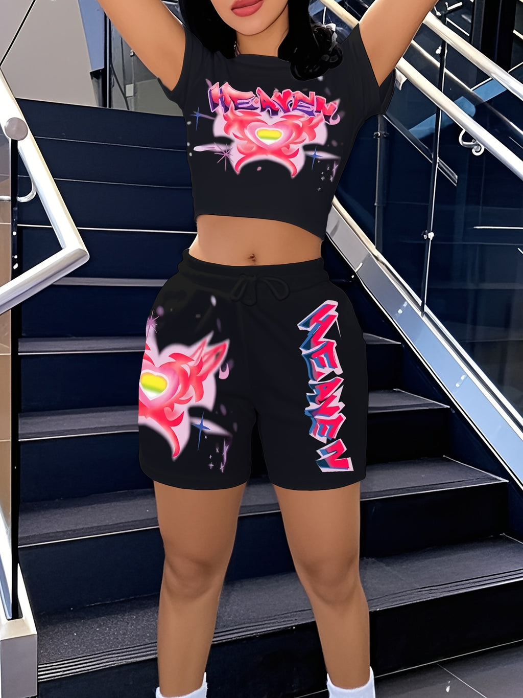 Heart Letter Print 2 Piece Set Women Short Sleeve Top High Waist Shorts Cute Casual Matching Outfit Summer S-XXL