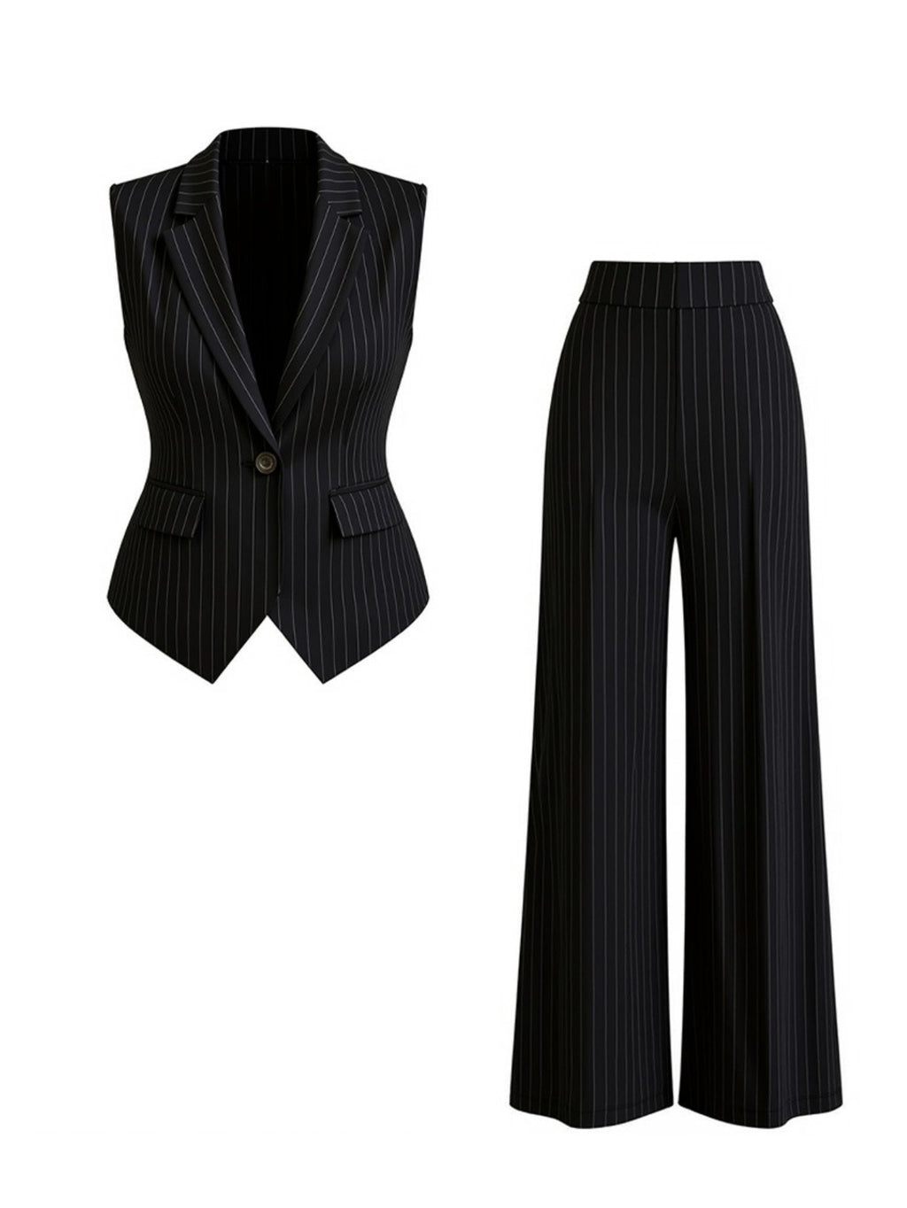 Striped Suit Vest Bell-Bottom Pants 2pcs Set Women Vintage Office Wear Chic Commute Formal Occasion Spring Fall Two-Piece Outfit Black Navy Milky S-XXL