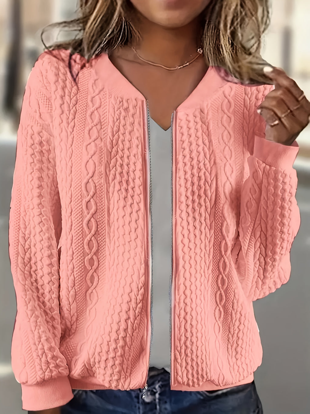 Cable Knit Zip Up Jacket Women Light Blue Long Sleeve Front Pockets Casual Fall Winter Cozy Outerwear Stretch