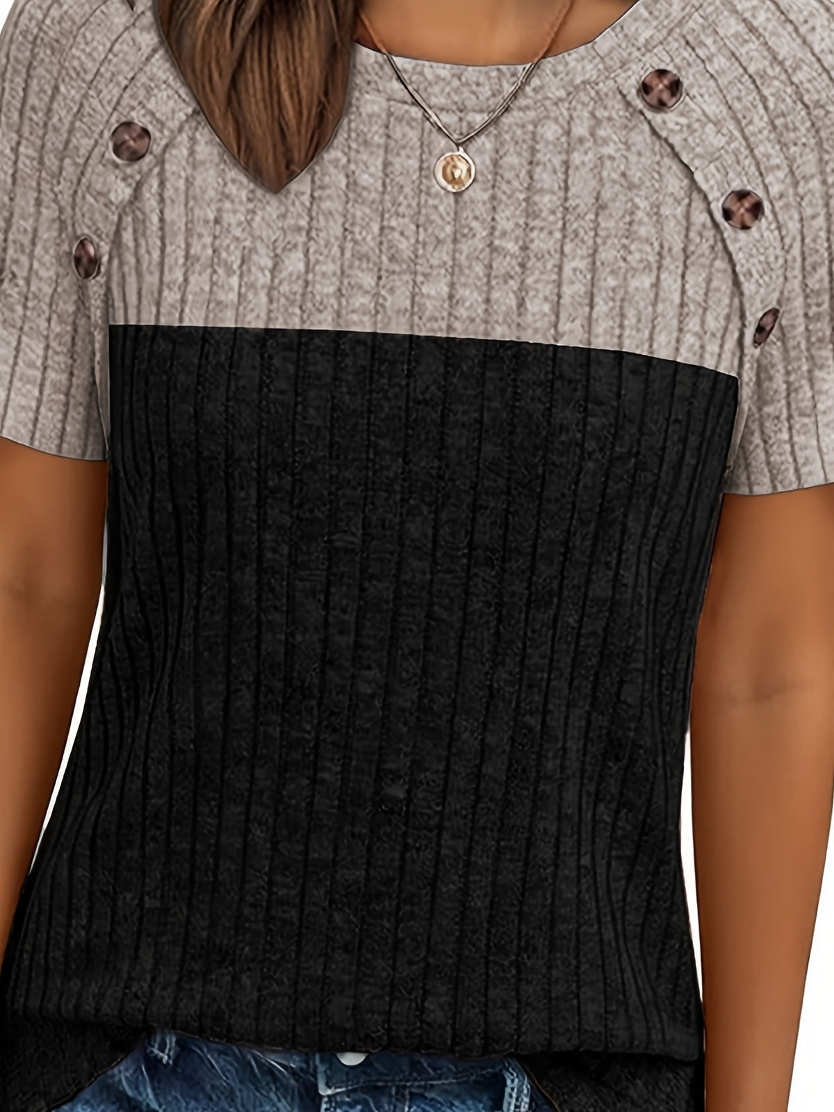 Two-Color Colorblock Pullover Top Women Round Neck Tie Button Short Sleeve Loose Casual Elegant Basic Shirt S-XXL
