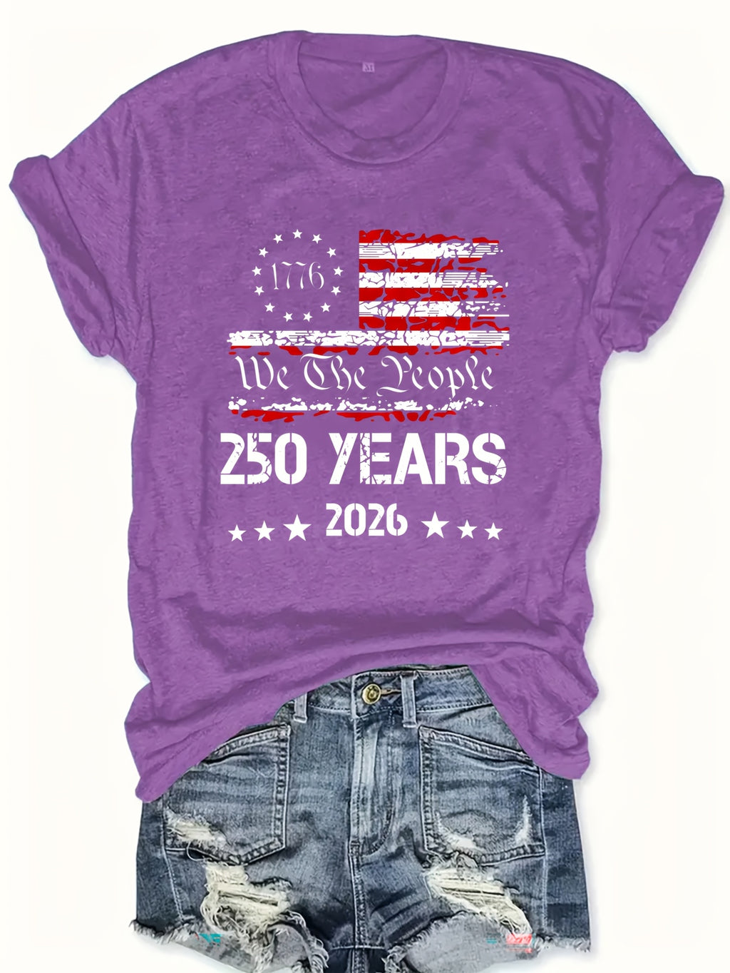 250 Years 2026 We The People Women's T-Shirt - Patriotic Flag Print Crew Neck Short Sleeve Pullover, Soft Comfortable Regular Fit Tee for USA Anniversary Celebrations