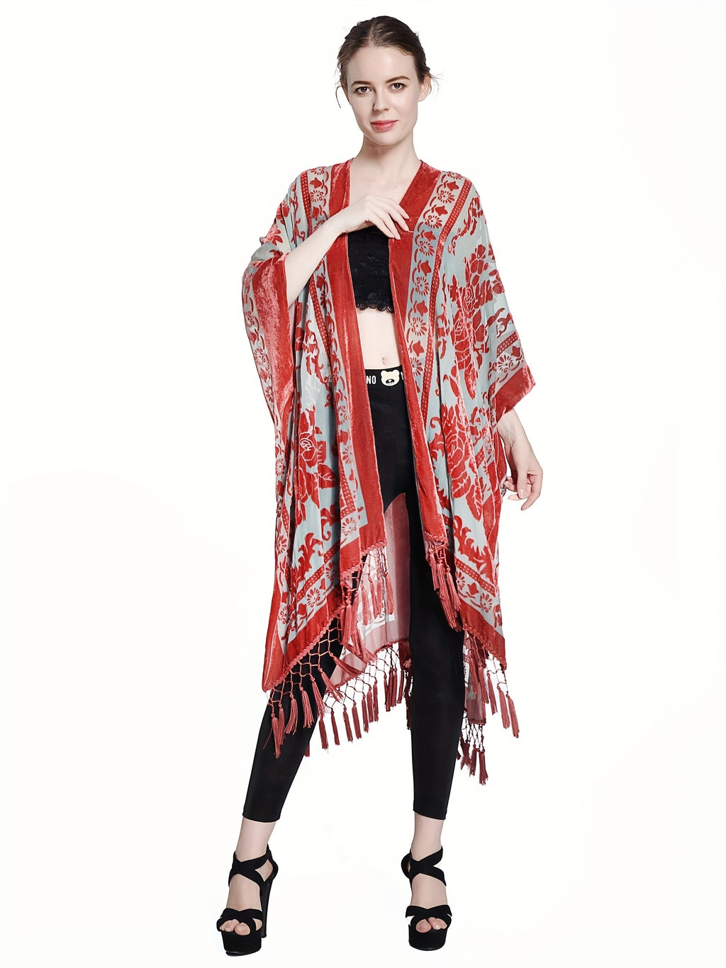 Boho Burnout Velvet Kimono Women Long Cardigan Cover Up Tassel Floral Embroidered One Size