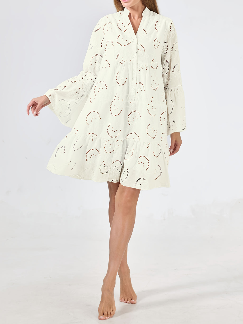 Mint Green V-Neck Bell Sleeve Lace Cut-Out Midi Dress Women Casual Party Long Dress S-XXL