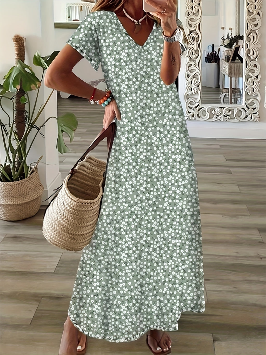 Ditsy Floral V-Neck Long Dress for Women - Thin Elegant Lightweight Spring Summer Fall Holiday Dress, 95% Polyester Stretch Flowy Maxi S-XXL