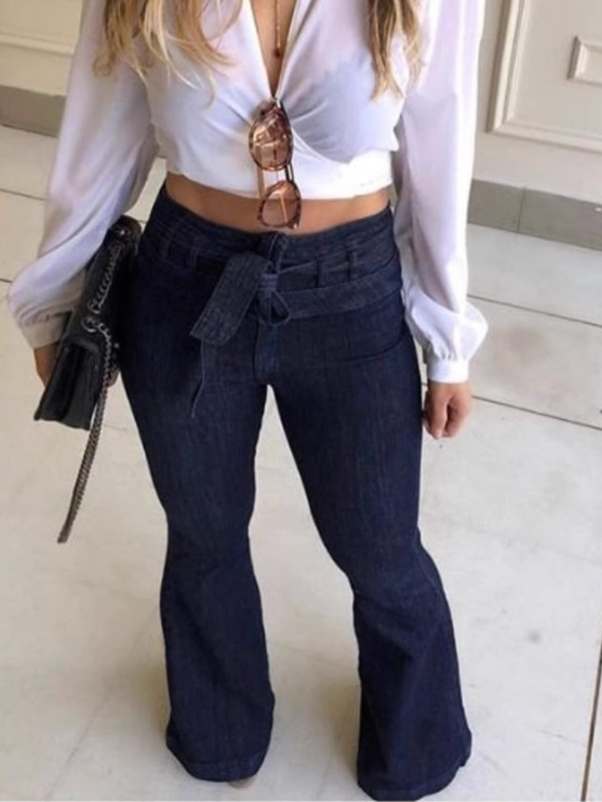High Waist Flared Wide Leg Jeans Women Retro 70s Style Ripped Elastic Waistband Belt Accent Loose Fit Casual Cocktail Party Blue S-XXL