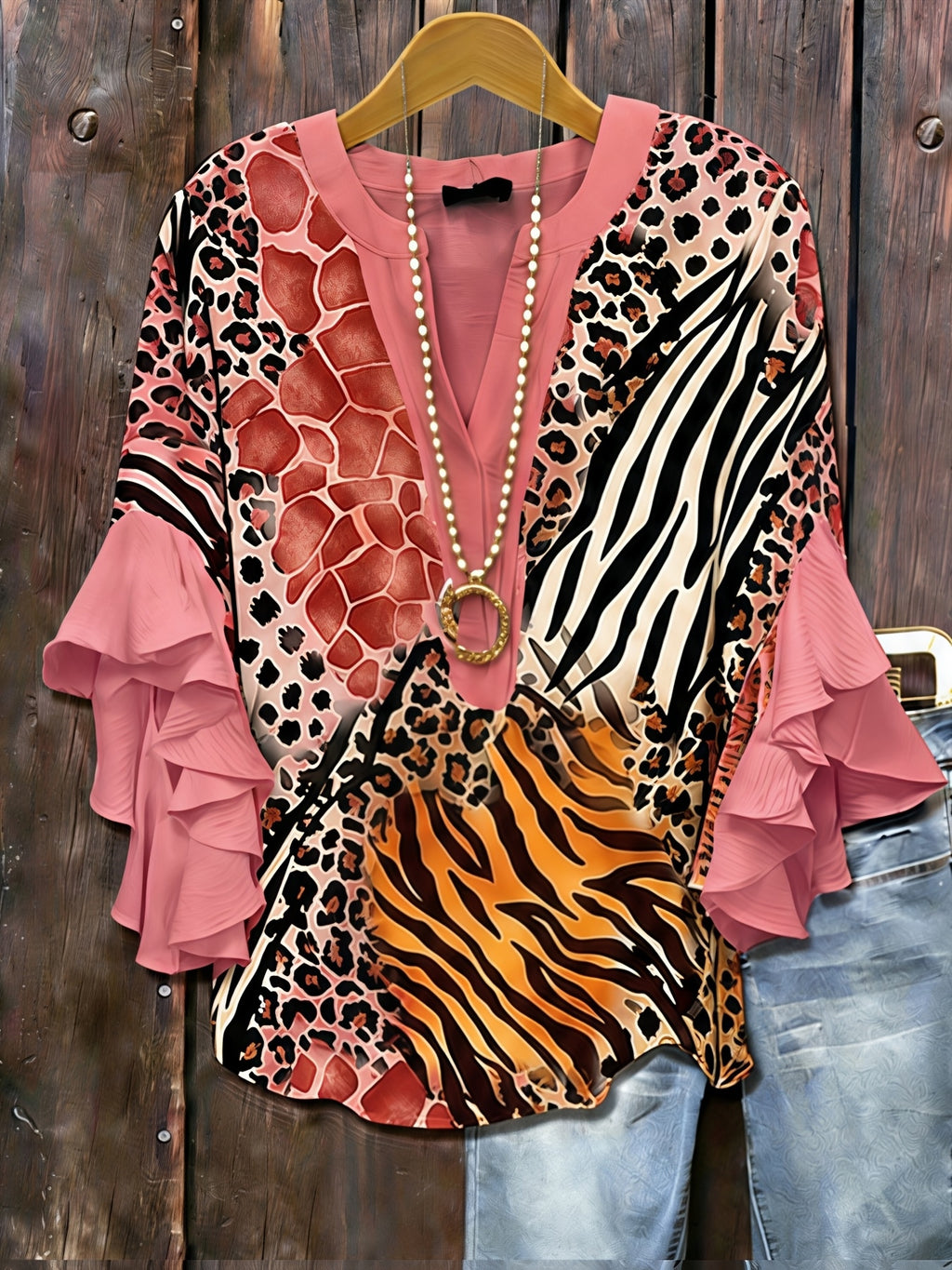 Animal Print Ruffle Sleeve Tunic Top Women V-Neck Long Blouse Three Quarter Patchwork Loose Fit Casual Daily Commute Date Night 95% Polyester