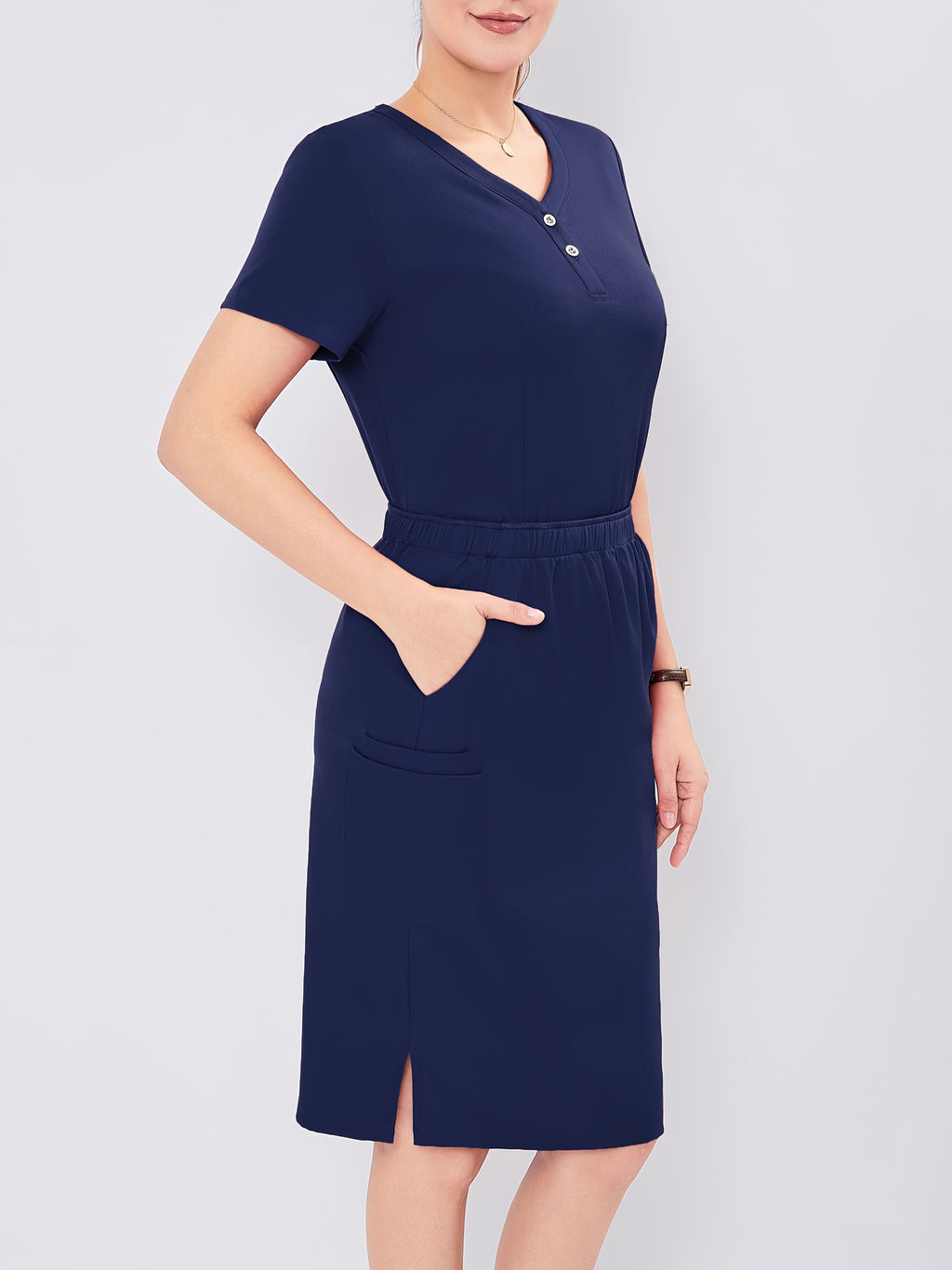 Women's V-Neck Scrub Set Short Sleeve Medical Uniform Beauty Salon Polyester Solid Color Top & Skirt with Pockets