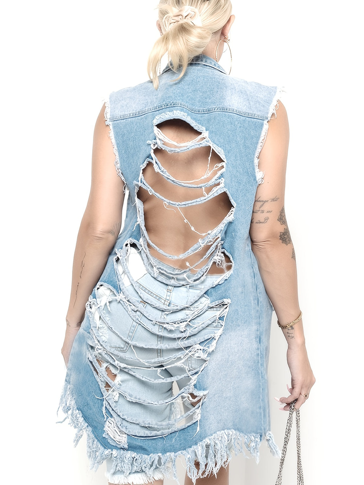 Sleeveless Long Denim Vest Jacket Women Button Closure Lapel Collar Midi Length Raw Hem Street Style Fall Winter Blue Black White S-XXL