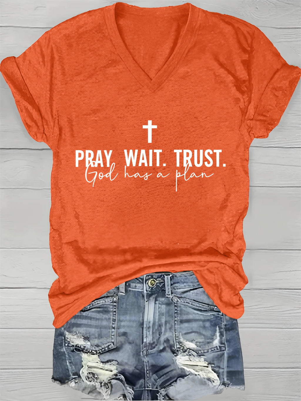 Faith Slogan V-Neck Tee Women Pray Wait Trust Print Short Sleeve 180gsm Casual Spring Summer Inspirational Top S-XXL