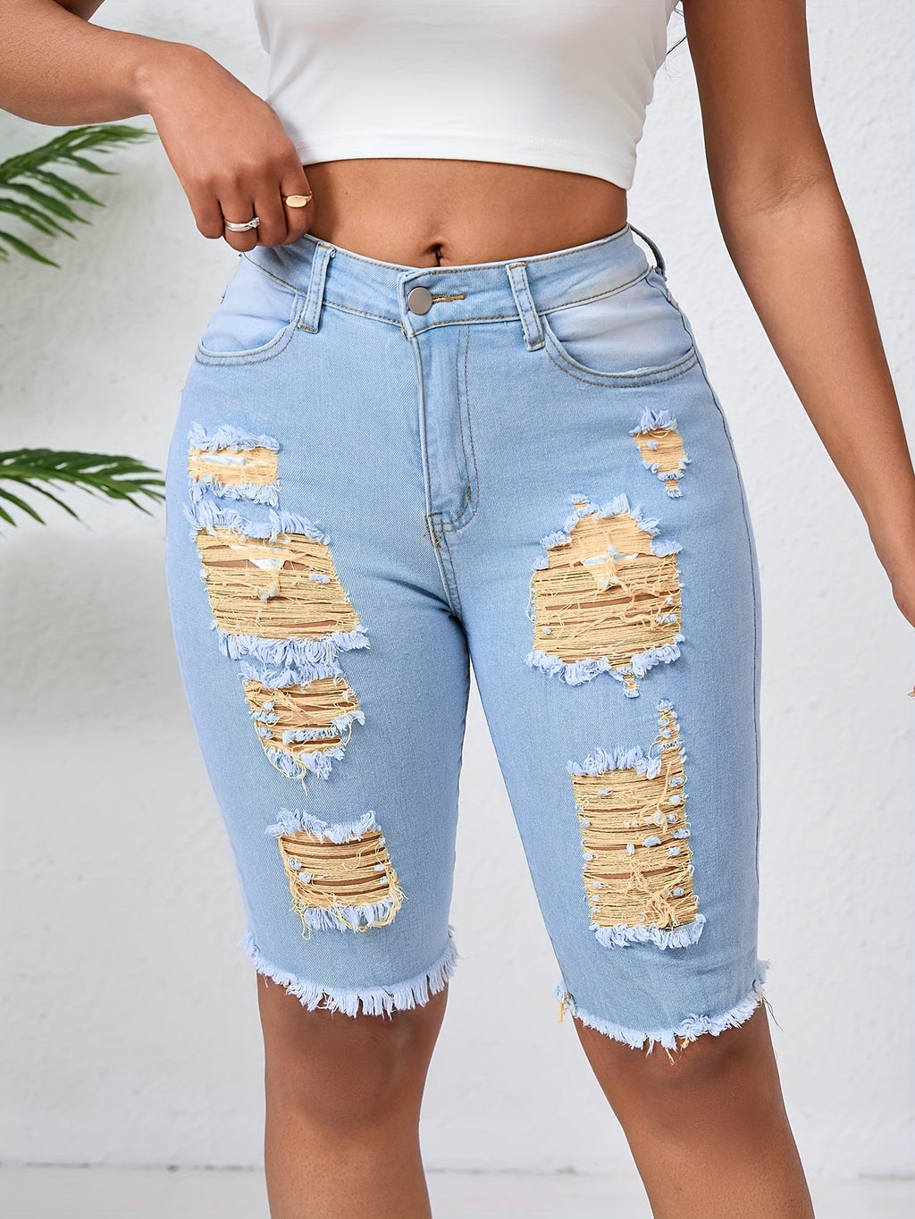 Yellow Ripped Slim Fit Mid Length Jeans Women Elastic Waist Casual Distressed Denim Pants Dark Light Color S M L XL XXL
