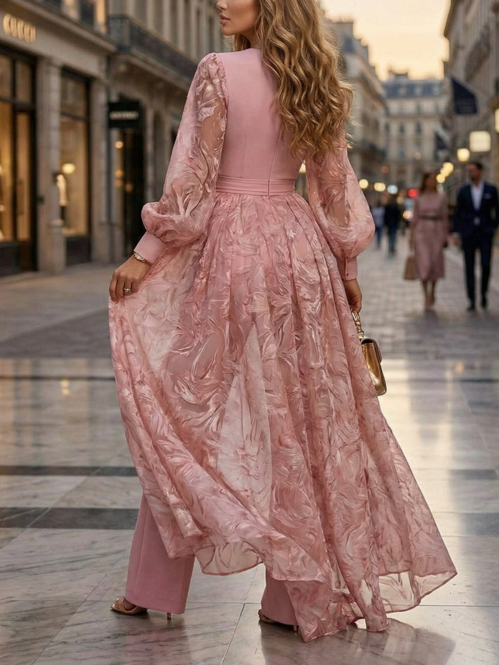 Puff Sleeve High Waist Slim Jumpsuit for Women Elegant Round Neck Long Overlay One Piece Outfit Pink Date Business Socialite S-XXL