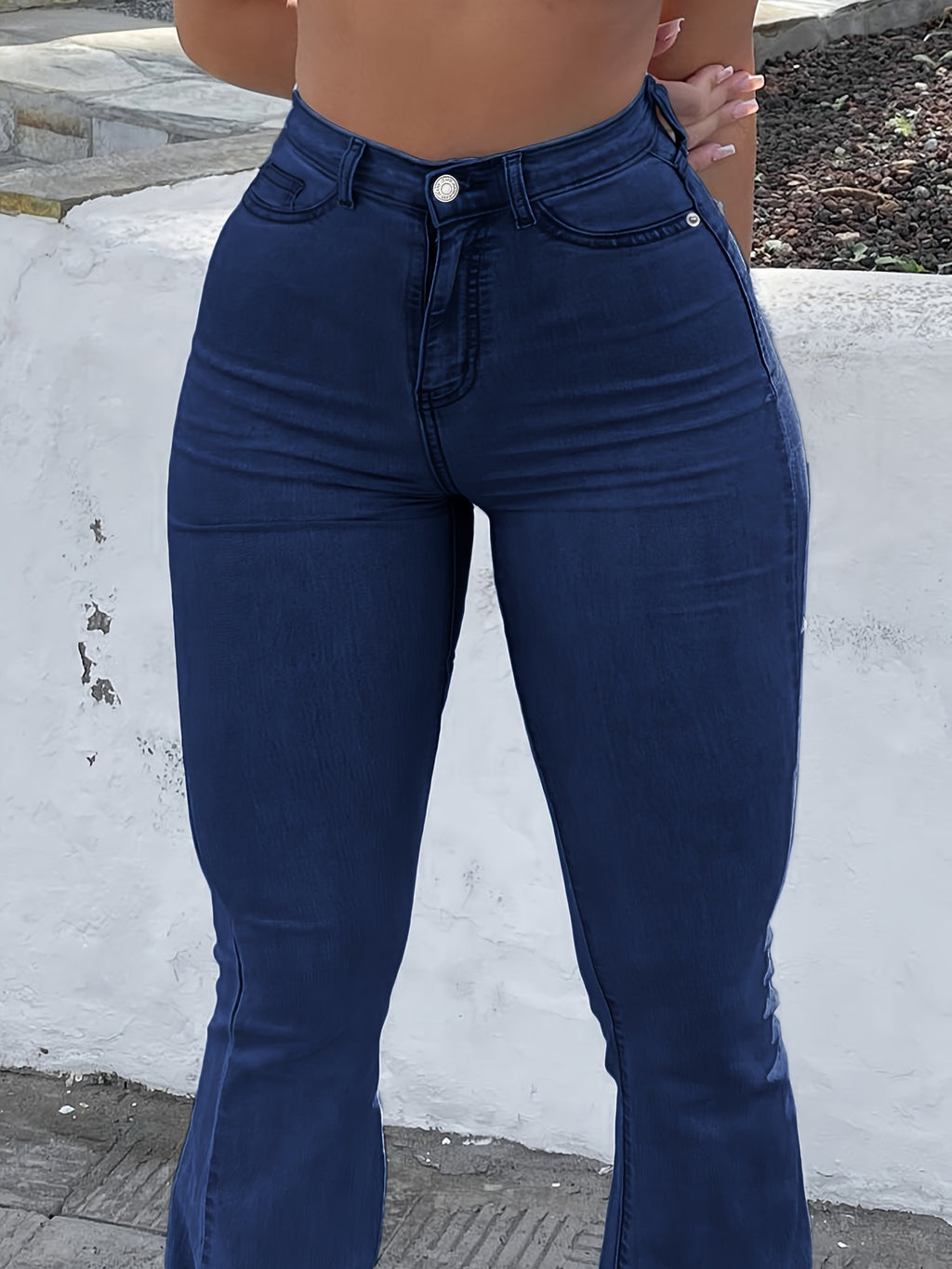 High Waist Stretch Flare Jeans Women Wide Leg Pants with Pockets – Solid Color Street Style, All-Season Comfortable Denim, Machine Washable