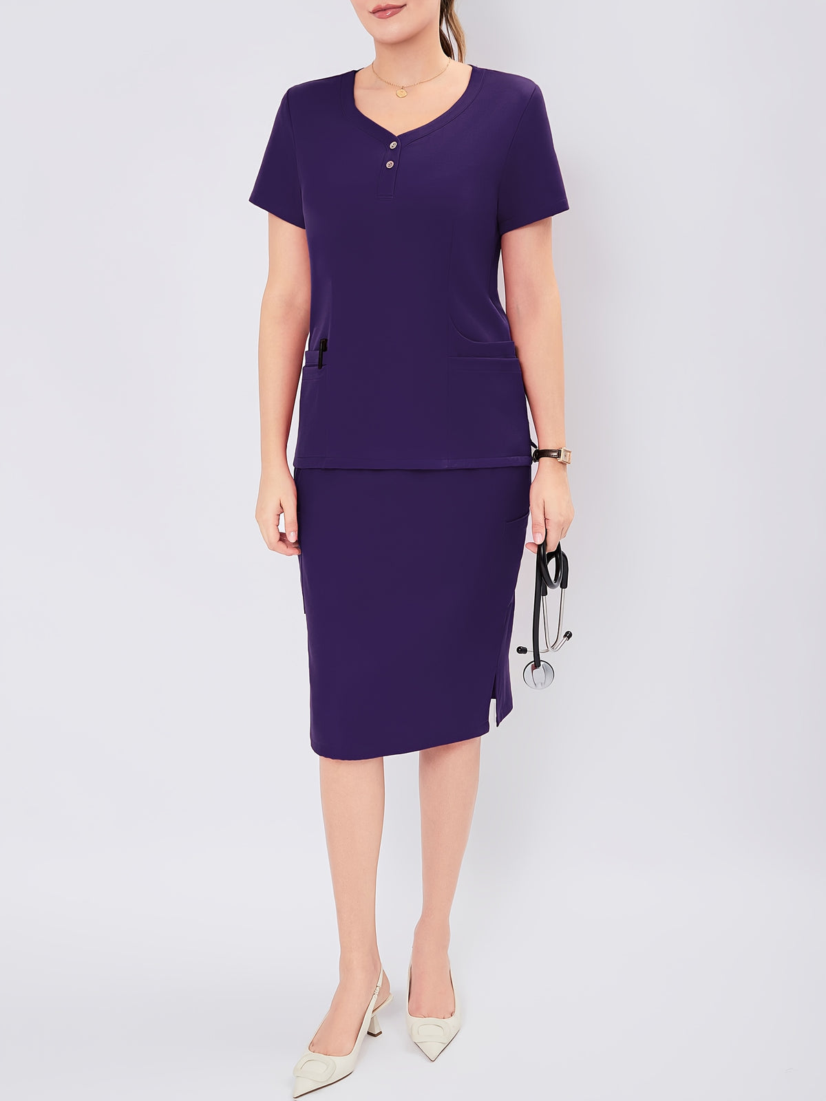 Women's V-Neck Scrub Set Short Sleeve Medical Uniform Beauty Salon Polyester Solid Color Top & Skirt with Pockets
