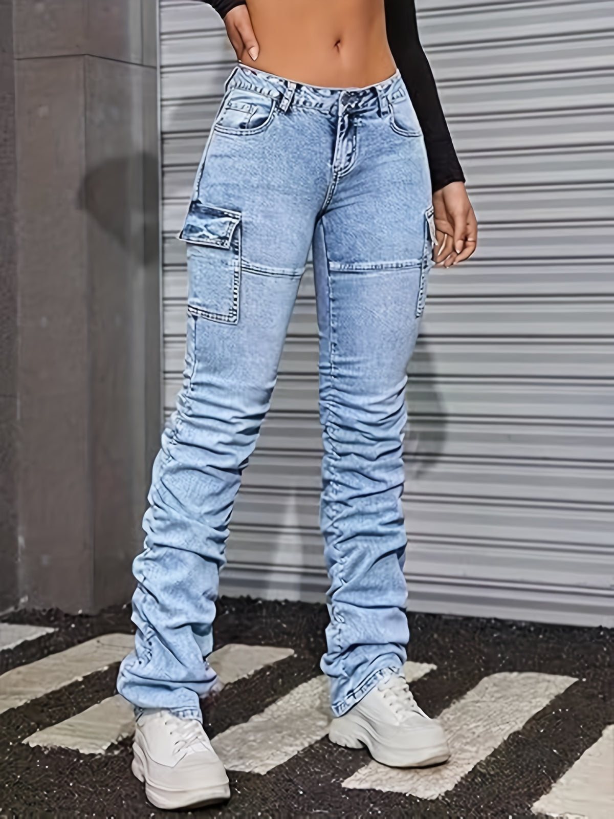 Sky Blue Slim Fit Pleated Leg Jeans for Women - Stretchy Fashion Denim with Unique Pleated Design, Stylish Practical Casual Pants for Everyday & Going Out Outfits