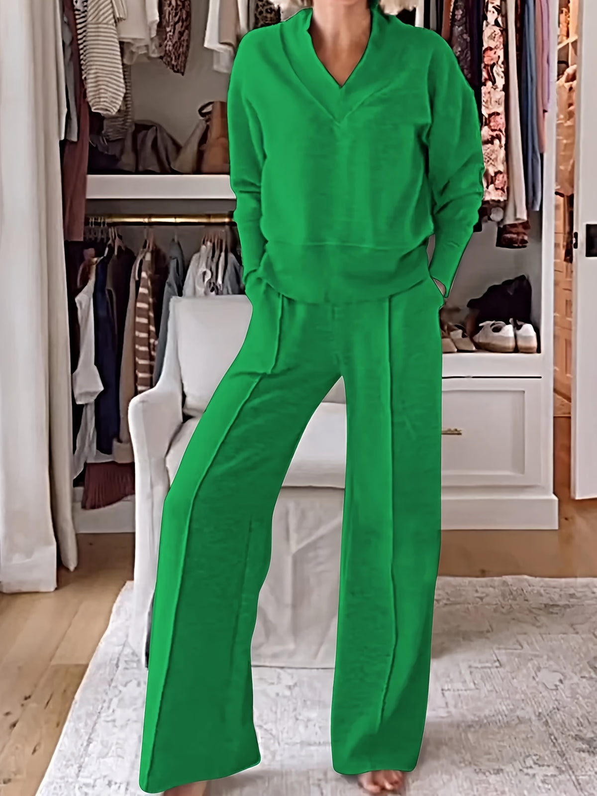 Women's 2 Piece Set V-Neck Long Sleeve Loose Top and Wide Leg Pants Casual Elegant Matching Outfit Spring Fall Fashion