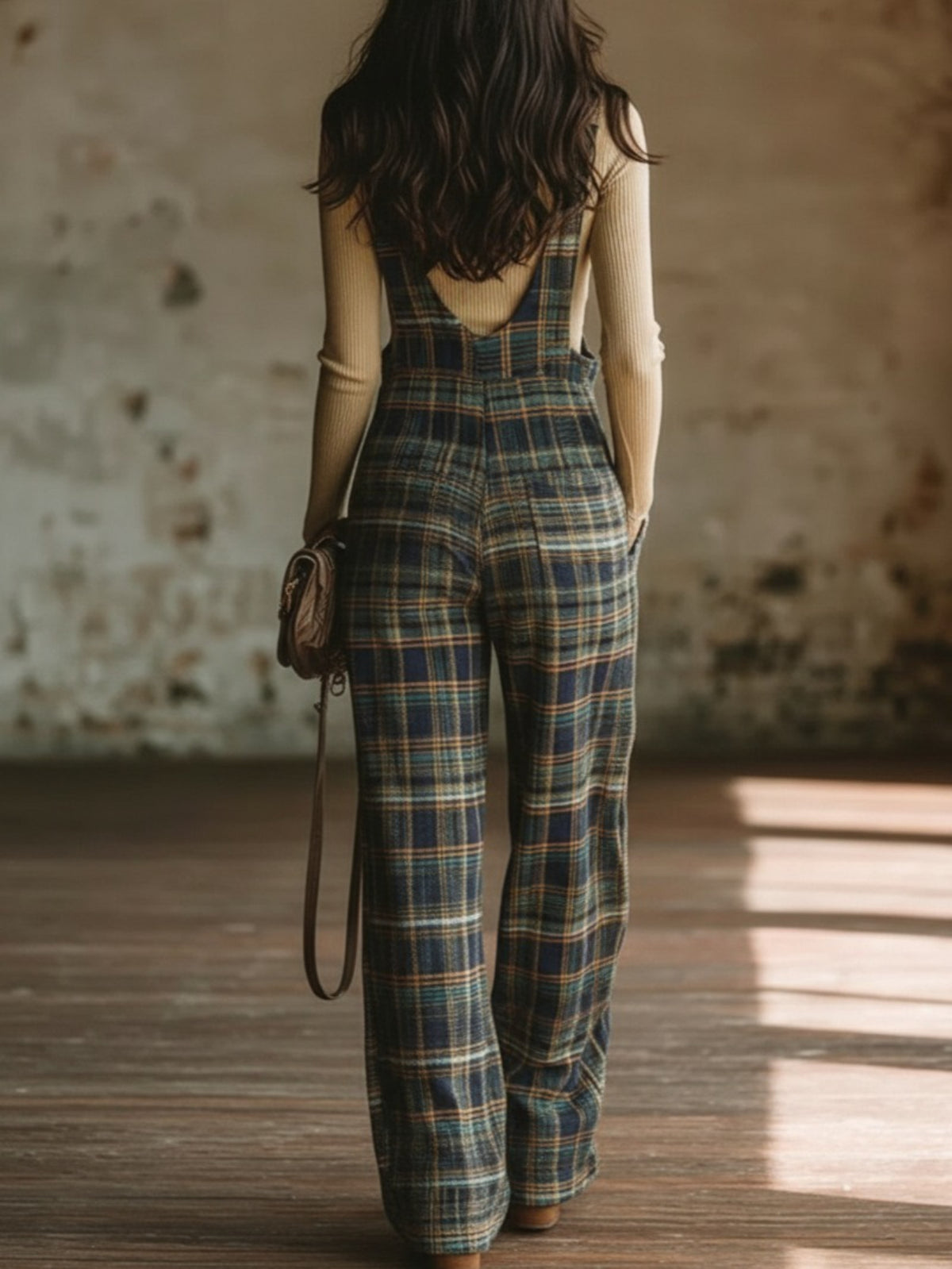 Plaid Wide Leg Jumpsuit Women Deep V Sleeveless Retro Tartan Overalls Pockets Boho Casual Fall Winter Daily Weekend