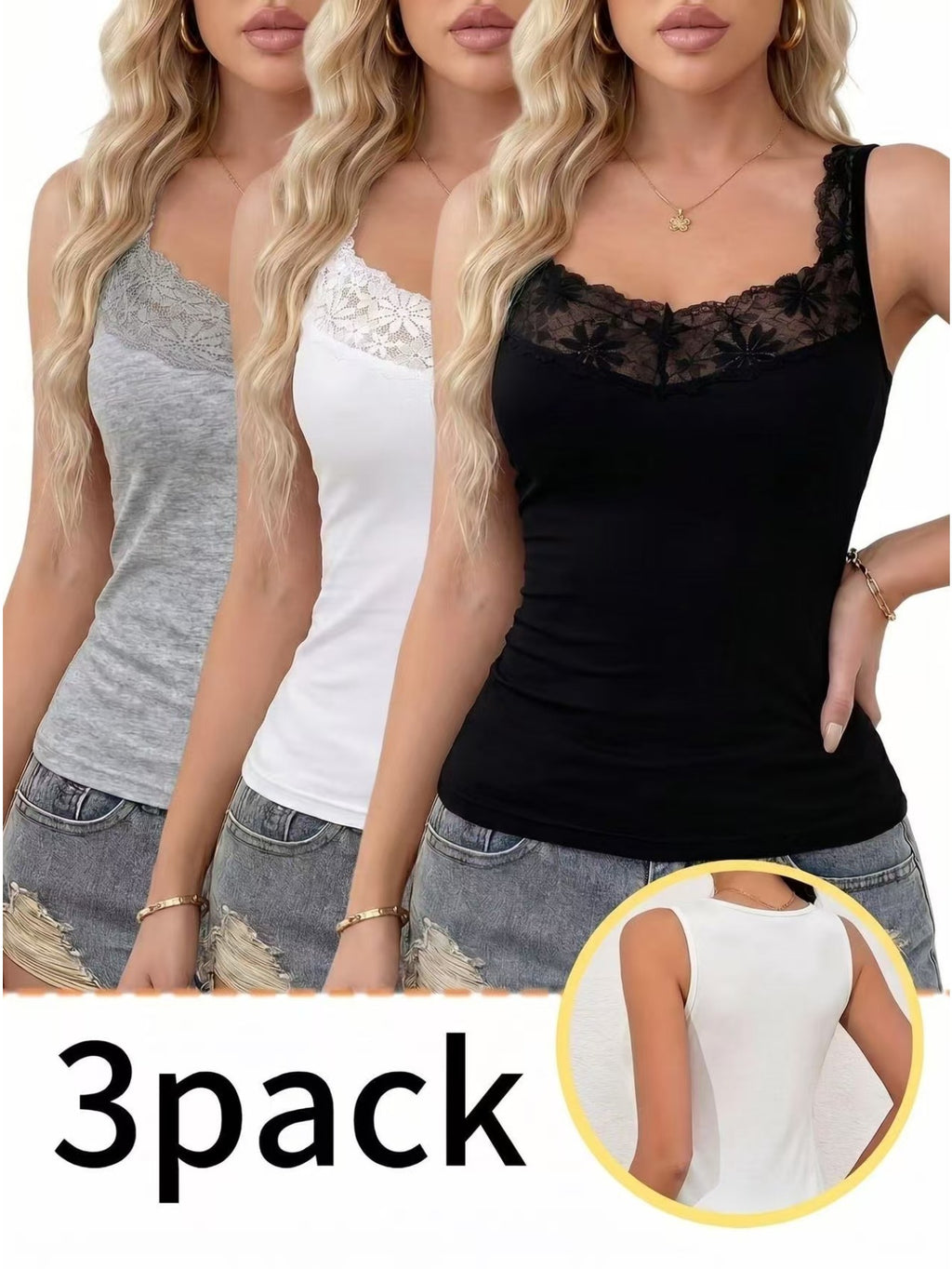 Lace V-Neck Tank Top 3-Pack Women Wide Shoulder Strap Sleeveless Vest Casual Summer Top Black White Gray S-XXL
