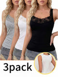 Lace V-Neck Tank Top 3-Pack Women Wide Shoulder Strap Sleeveless Vest Casual Summer Top Black White Gray S-XXL