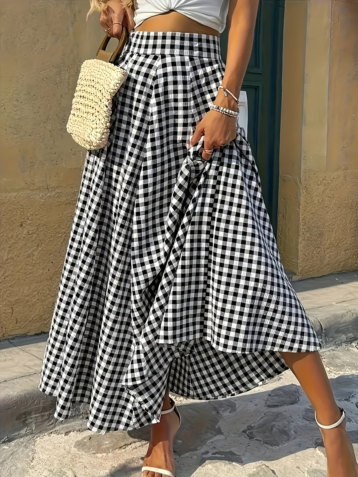 Plaid High Waist A-Line Midi Skirt for Women Checkered Woven Opaque Flowing Mid Length Skirt Spring Fall Casual Streetwear Blue White Black White S-XXL