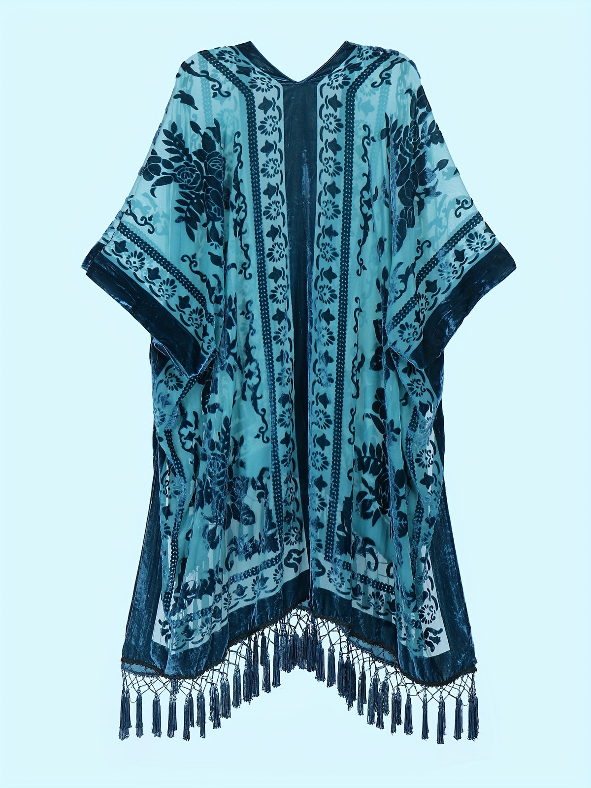 Boho Burnout Velvet Kimono Women Long Cardigan Cover Up Tassel Floral Embroidered One Size