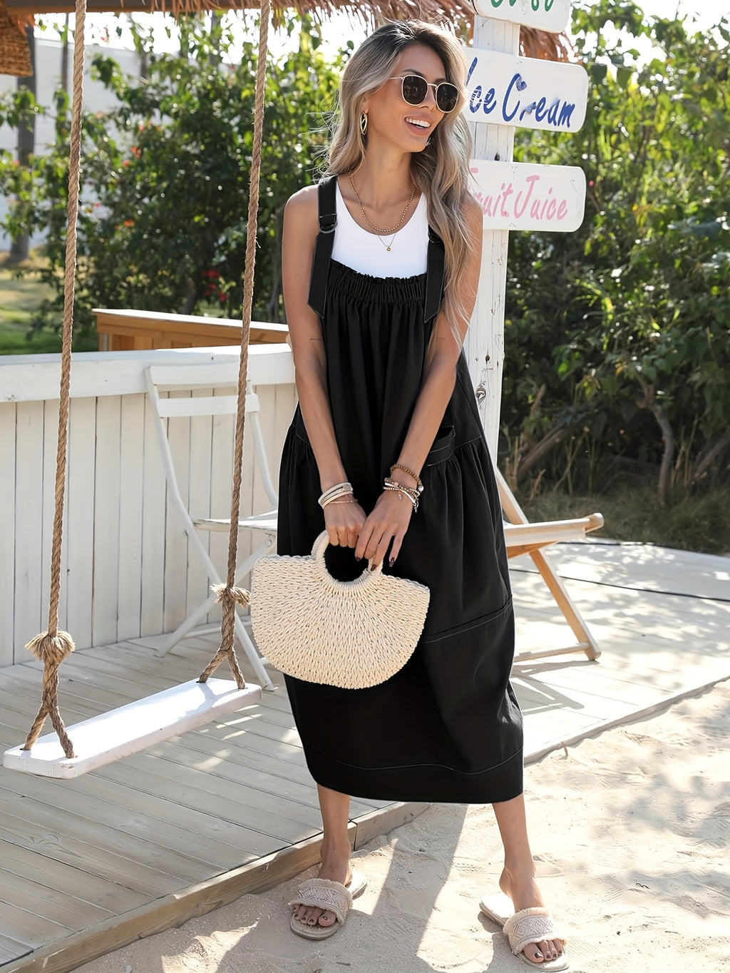 Overall Dress Women Loose Adjustable Strap Midi Length Big Pockets Workwear Casual Bib Jumper Dress Spring Summer S M L XL XXL