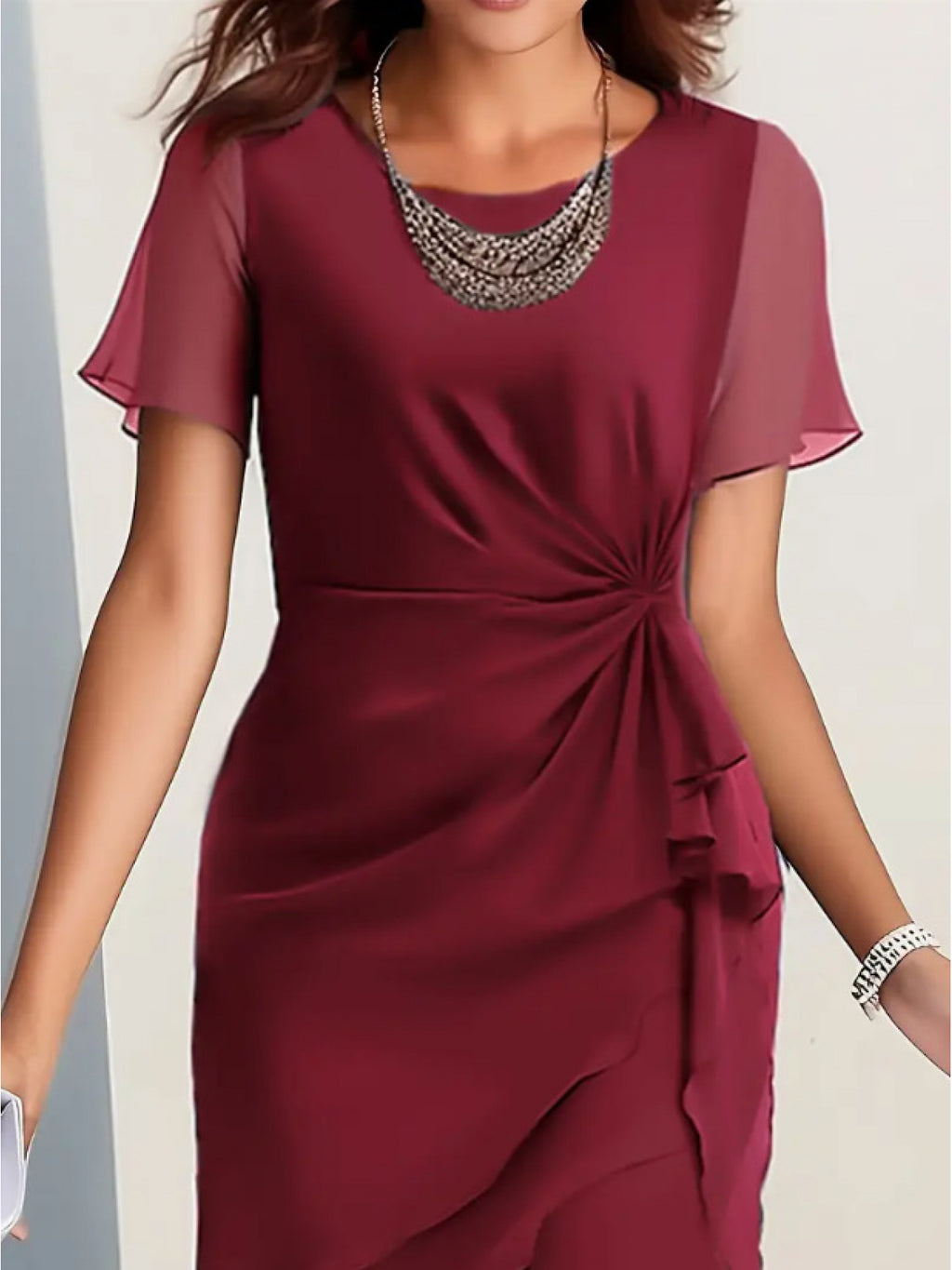Chiffon Patchwork Dress for Women Slim Fit Round Neck Waist Twist Asymmetrical Ruffle Hem Wedding Guest Evening Party