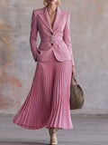 Pink Blazer & Gradient Pleated Maxi Skirt 2-Piece Set for Women - Elegant Waist-Defining Retro Date Outfit Casual Chic Suit