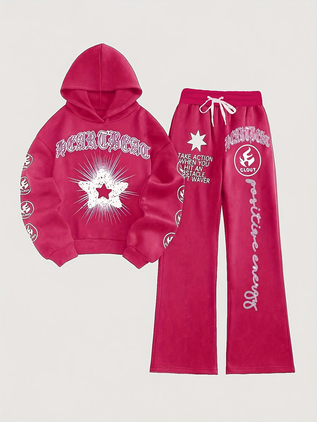 Hoodie Sweatpants Set Women Focused Growth Print Pullover Tracksuit 95% Polyester 250g Lace-Up Detail Casual Jogger Lounge Set S-XXL