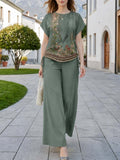 Floral Embroidered Top and Wide Leg Pants 2 Piece Set Women - Loose Casual Elegant Spring Summer Outfit, Drawstring Hem Matching Co-Ord Multicolor L