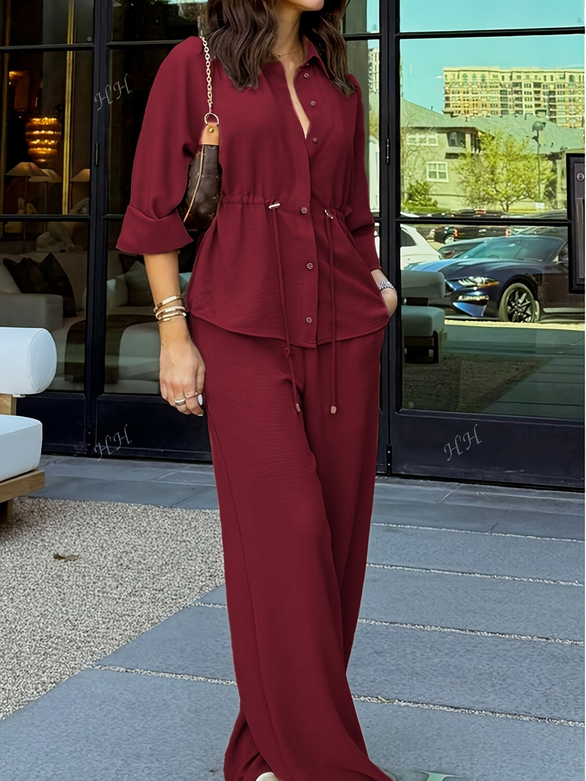 Khaki Shirt-Style Top & Wide-Leg Pants 2-Piece Set for Women – Drawstring Adjustable Waist Casual Outfit for Outings, Daily Commute & Light Social Occasions