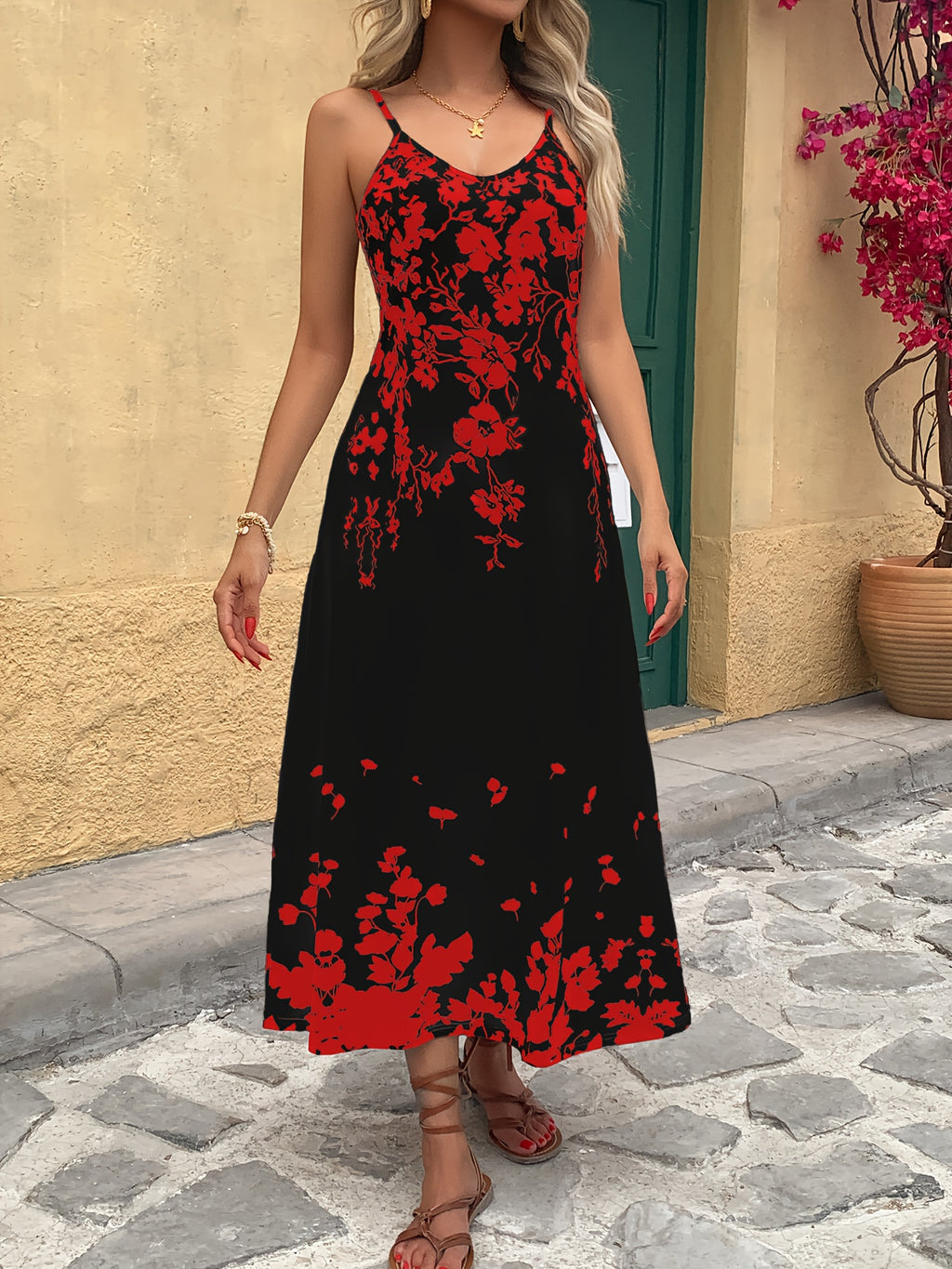 Floral Tropical Print Maxi Dress Women V Neck Spaghetti Strap Summer Vacation Beach Holiday Long Dress Elegant S-XXL