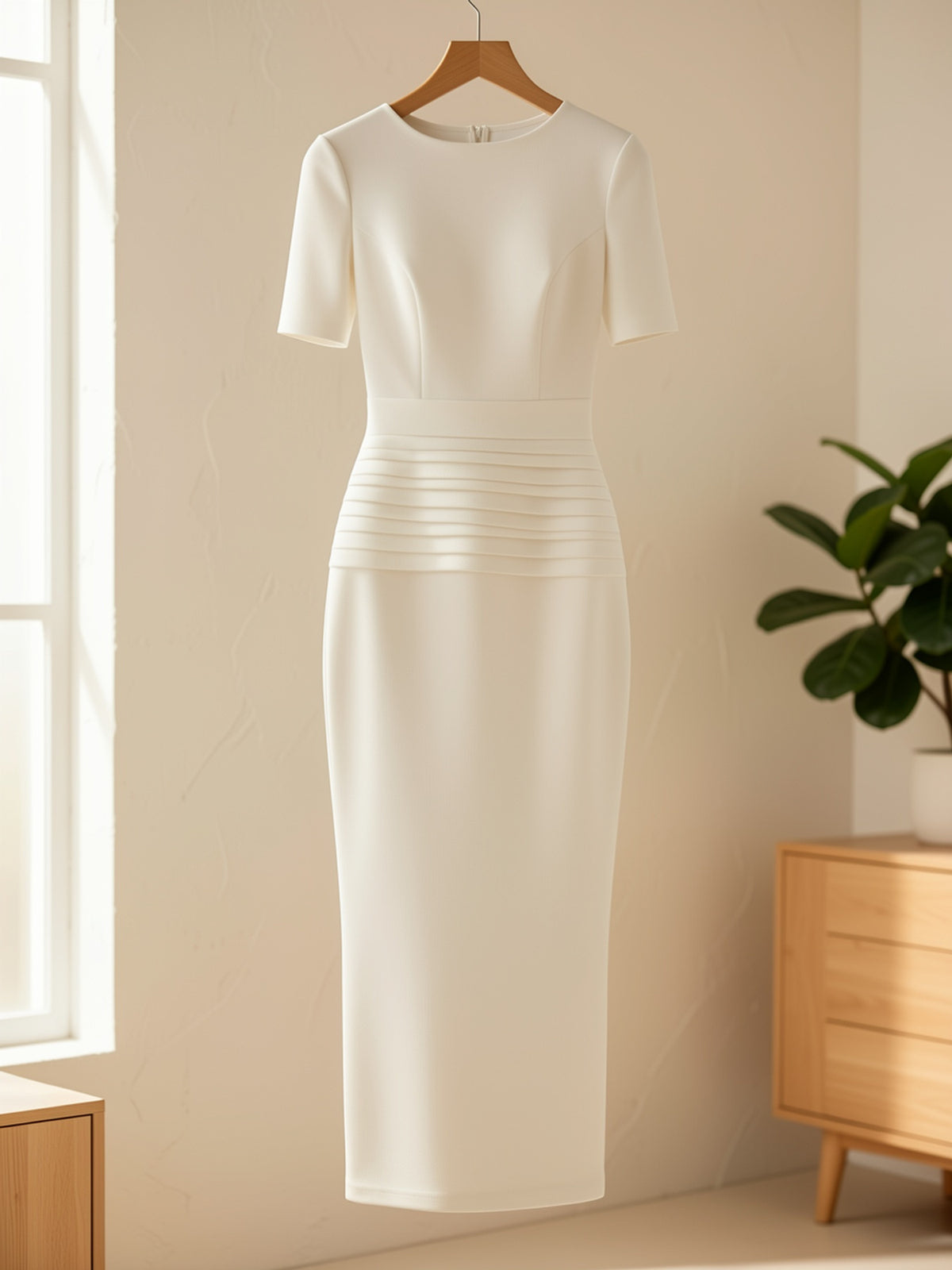 Bodycon Midi Mermaid Dress Women White Stretch Pleated Waist Zipper Back Formal Gown Short Sleeve S-XXL