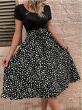 Polka Dot Bow Tie Patchwork Mini Dress Women Crewneck Fit and Flare Short Sleeve Casual Summer Dress