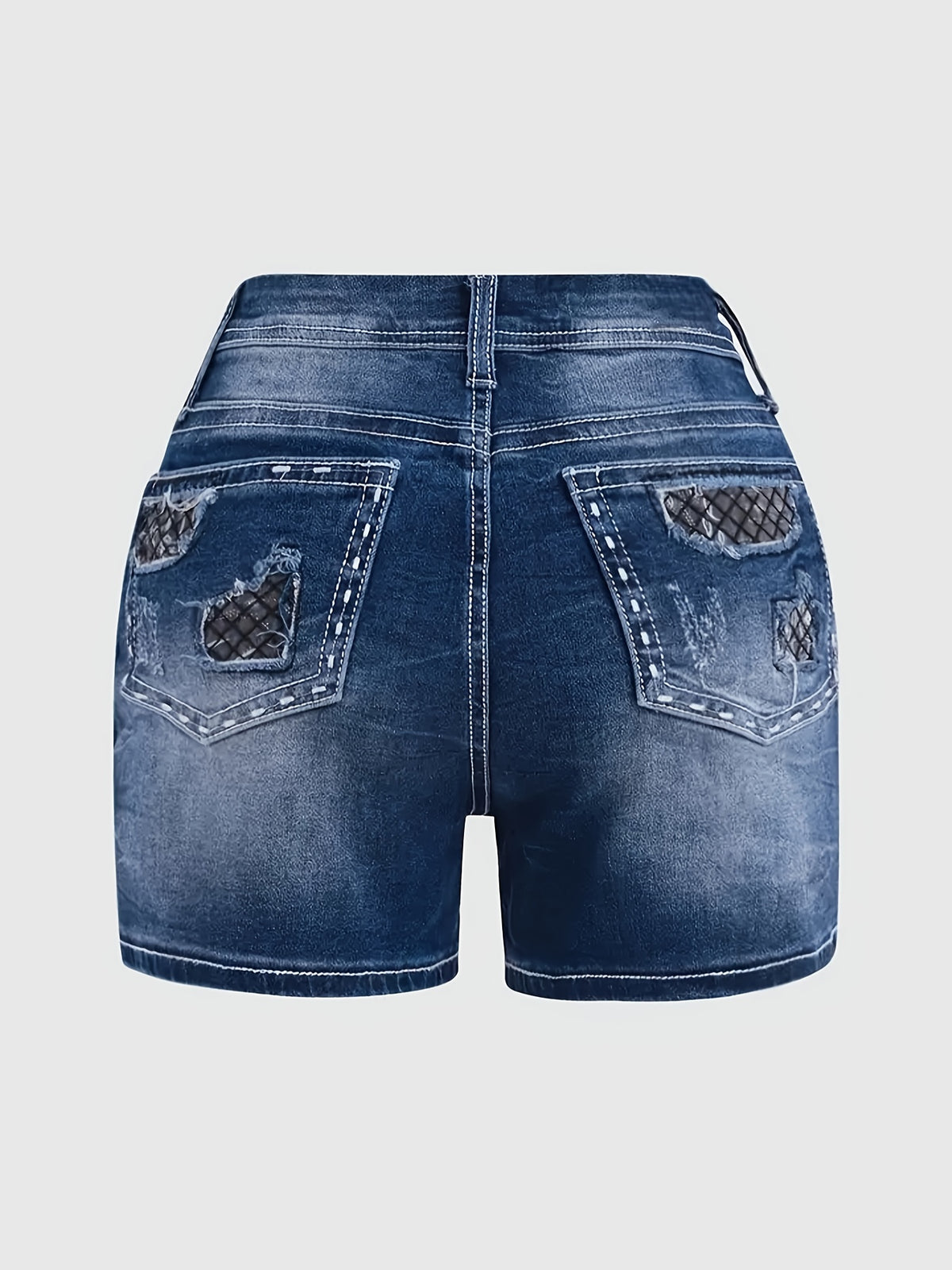Stretch Denim Shorts for Women - Retro Color Block Embroidery Mid Rise Slim Fit, Built-In Zipper Machine Washable Cotton Blue Casual Jean Shorts for Spring Summer