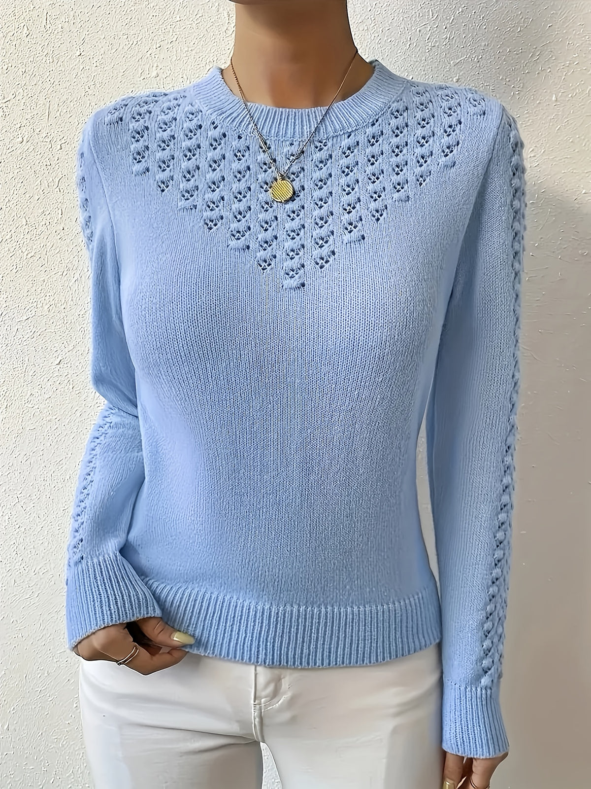 Crew Neck Pullover Sweater Women Sky Blue Ribbed Long Sleeve Front Pockets Casual Soft Cozy Sweatshirt Knit Top XS-L