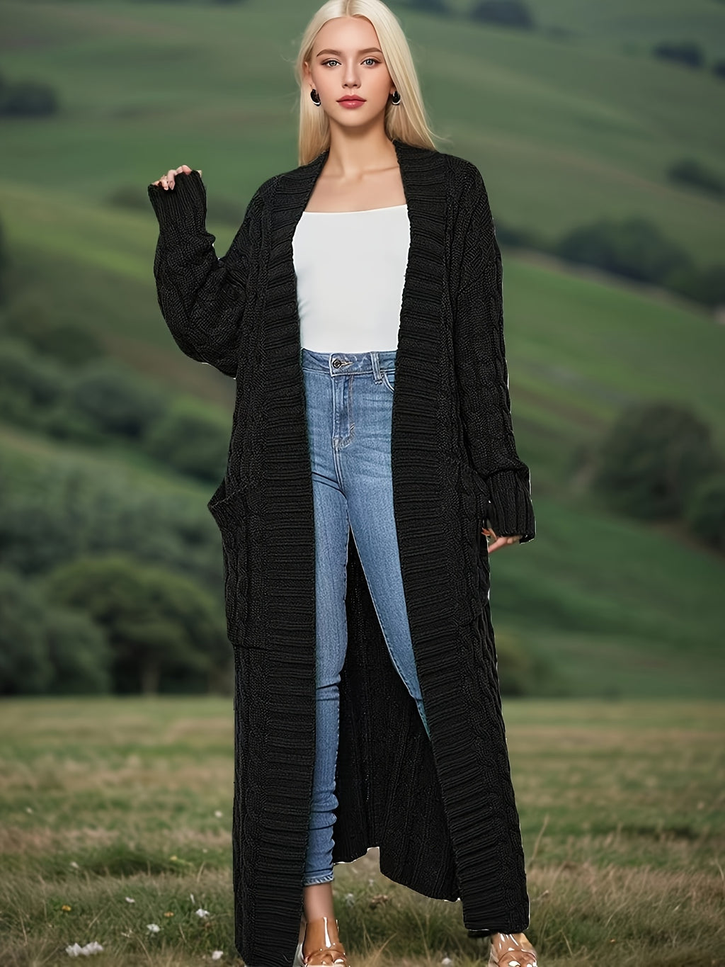 Longline Cardigan Women Oversized Drop Shoulder Open Front Knit Coat | Solid Color Textured Baggy Sweater with Pockets for Fall Winter Daily Wear