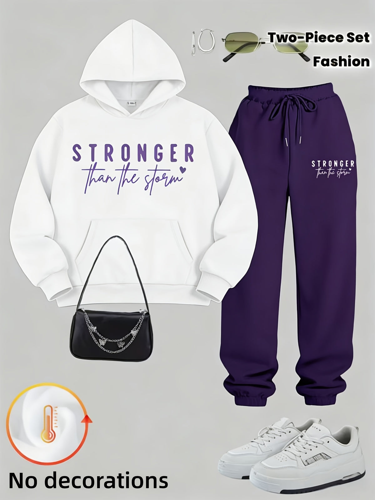 Women Two Piece Hoodie Set Motivational Stronger Than The Storm Cozy Oversized Matching Tracksuit Lounge Outfit Blue Green Purple Brown S-XXL