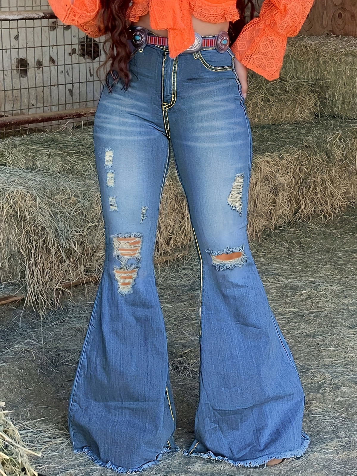Women's High Waisted Bootcut Jeans Stretchy Distressed Denim Classic Blue S-XXL