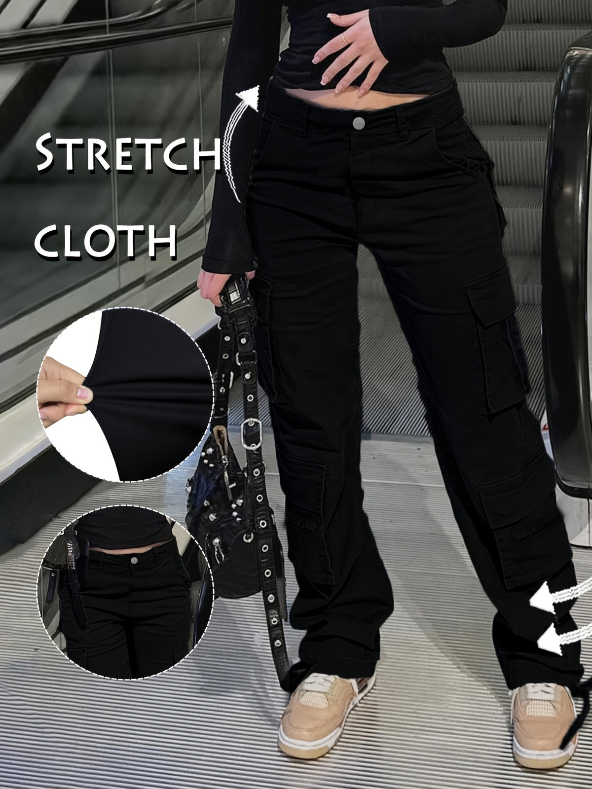 Y2K Retro Wash Women's Work Pants Multi-Pocket Casual Straight Leg Khaki Black Gray S-XXL